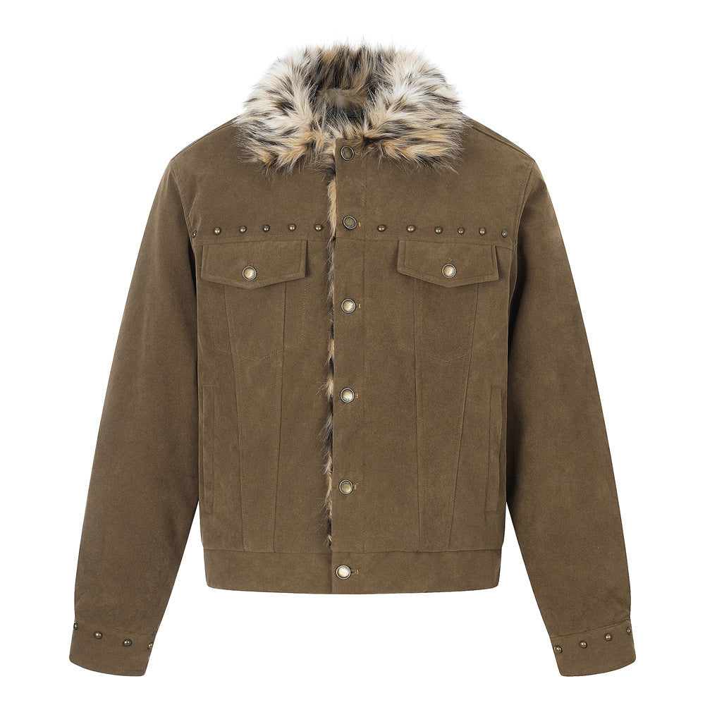 Men's Winter Jacket Faux Fur Collar Studded Snap-Button Coat