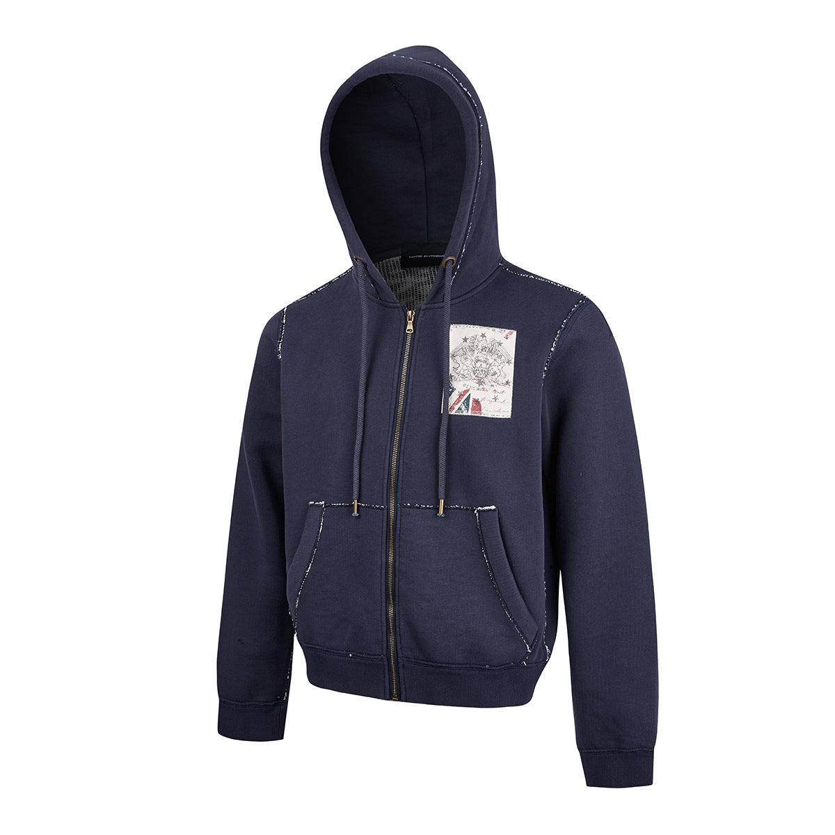 Union Jack Patch Zip-Up Hoodie – Washed & Distressed Raw-Edge Fleece