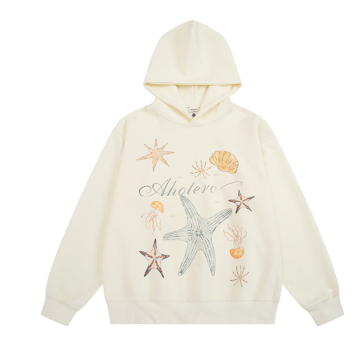 Oversized Hoodie in Creme mit Ocean-Print aus Seestern, Muschel und Qualle auf der Brust
