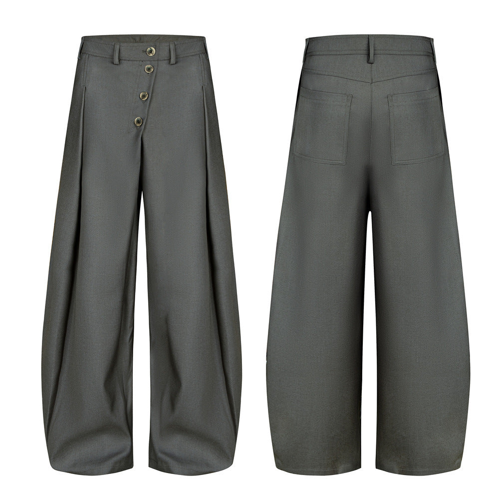 Wide-Leg Pleated Trousers – Diagonal Button Fly, Relaxed Silhouette