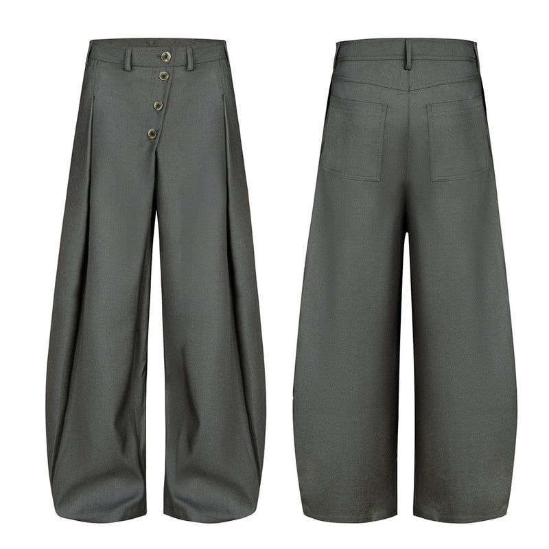 Wide-Leg Pleated Trousers – Diagonal Button Fly, Relaxed Silhouette