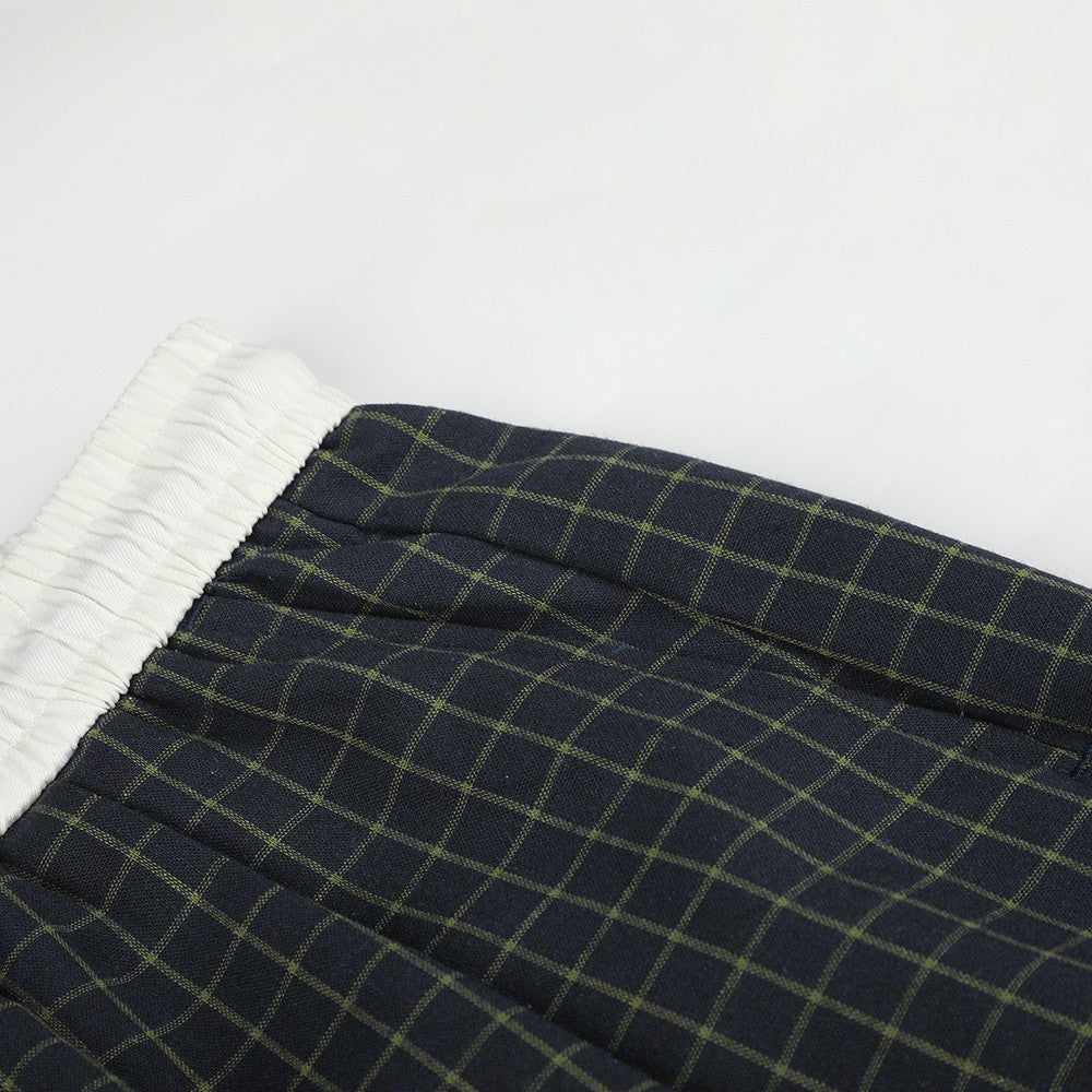 Plaid Wide-Leg Pants – Contrast Elastic Waistband, Relaxed Fit