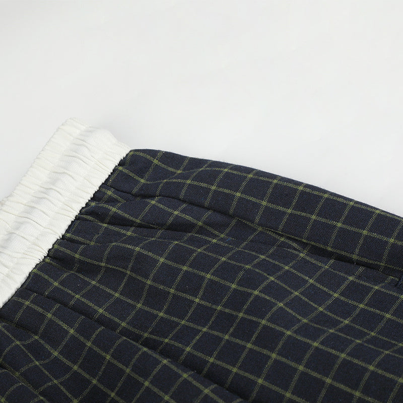 Plaid Wide-Leg Pants – Contrast Elastic Waistband, Relaxed Fit
