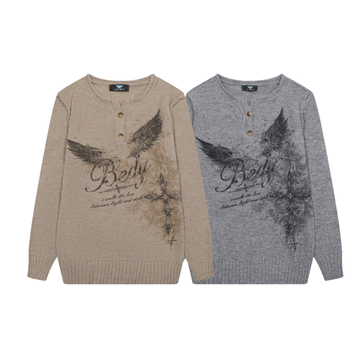 Eagle Cross Graphic Knit Sweater – Vintage American Henley Pullover