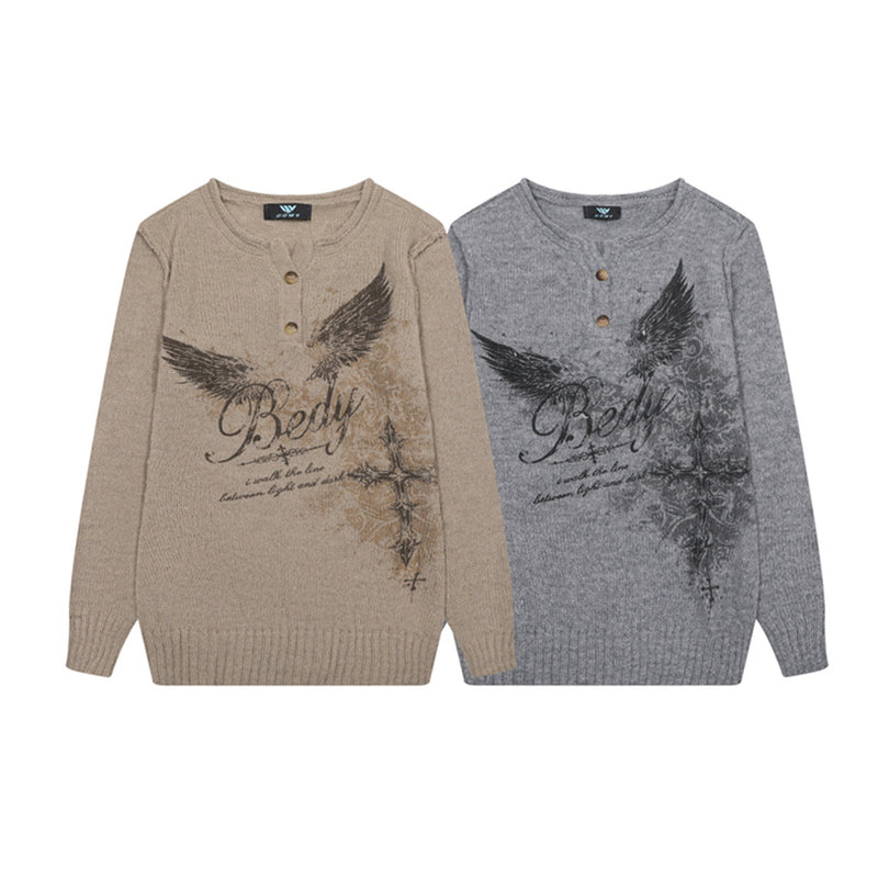 Eagle Cross Graphic Knit Sweater – Vintage American Henley Pullover