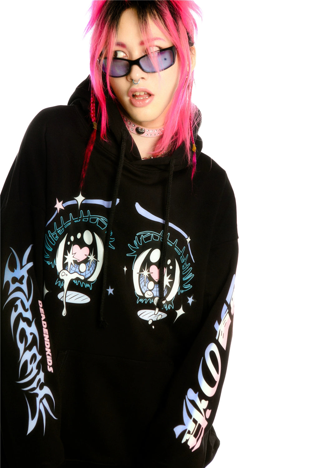 Kawaii Aesthetic Crying Eyes Hoodie – Pastel &amp; Dark Anime Pullover with Sleeve Graphics