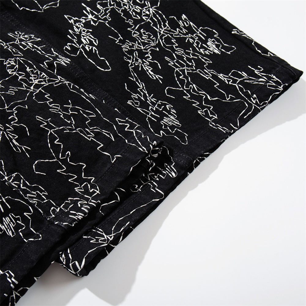 Wide-Leg Denim Shorts – All-Over Chaotic Stitch Embroidery, Hip-Hop Style