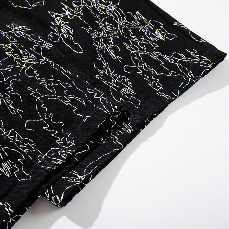 Wide-Leg Denim Shorts – All-Over Chaotic Stitch Embroidery, Hip-Hop Style