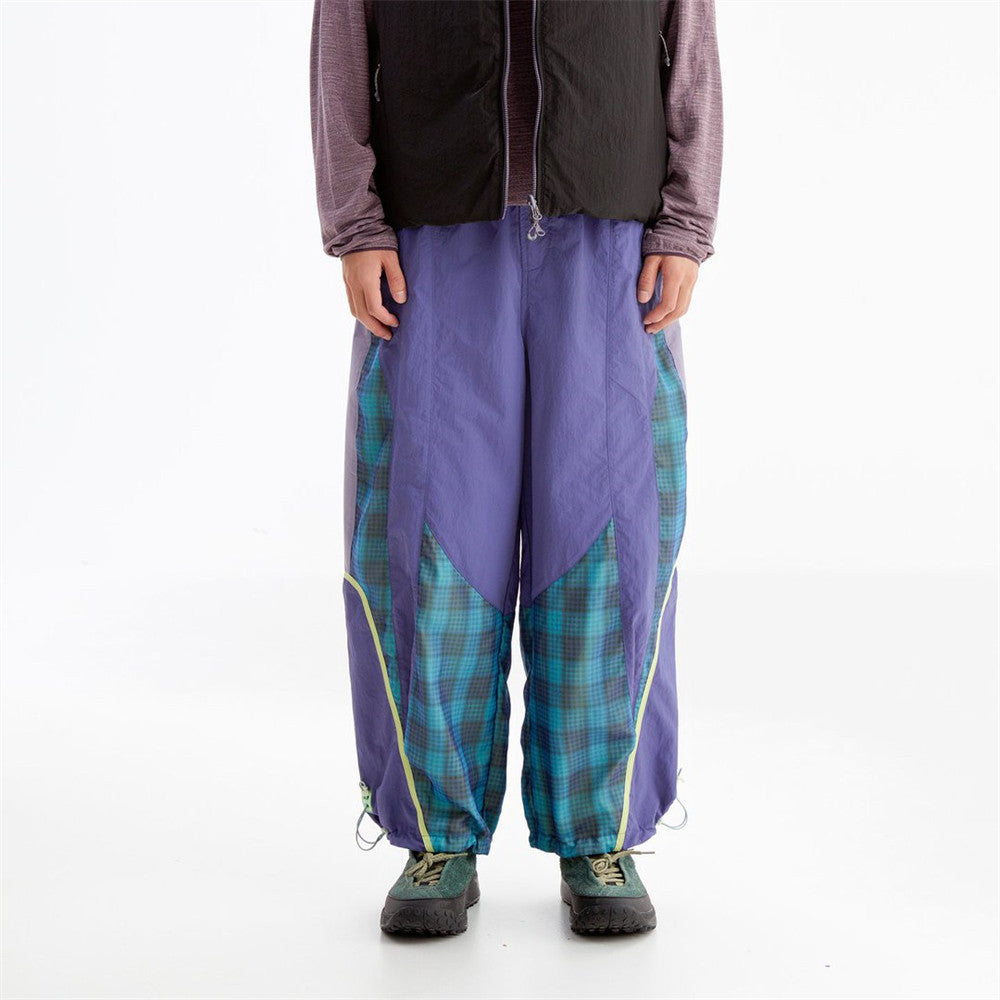 Men's Plaid Patchwork Baggy Pants – Windproof Water-Resistant Drawstring Ankle