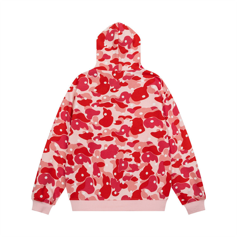 Men's Camo Zip-Up Hoodie with Music Note Embroidery – Oversized Streetwear