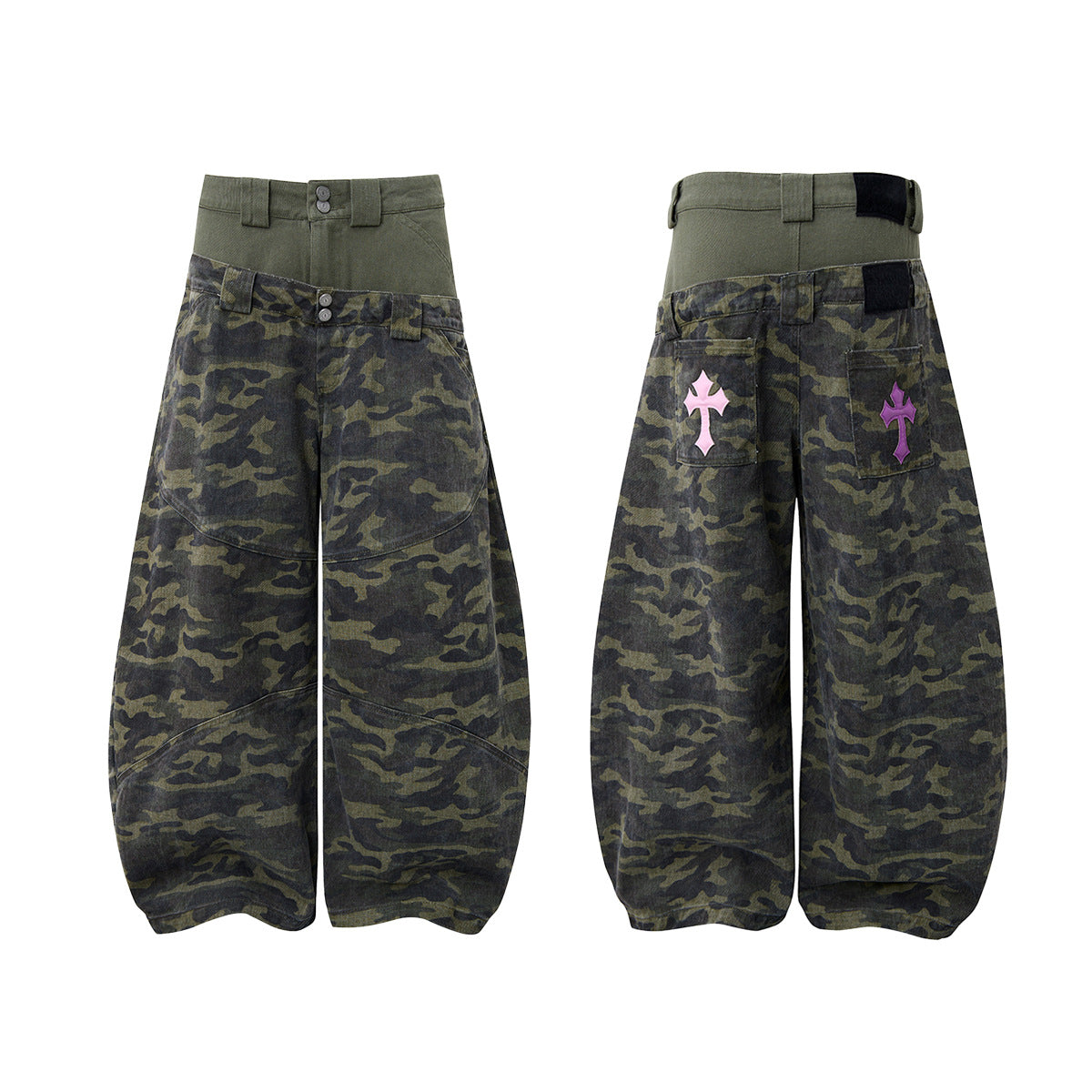 Camo Wide-Leg Balloon Pants – High-Waist Layered Faux Two-Piece with Cross Patch