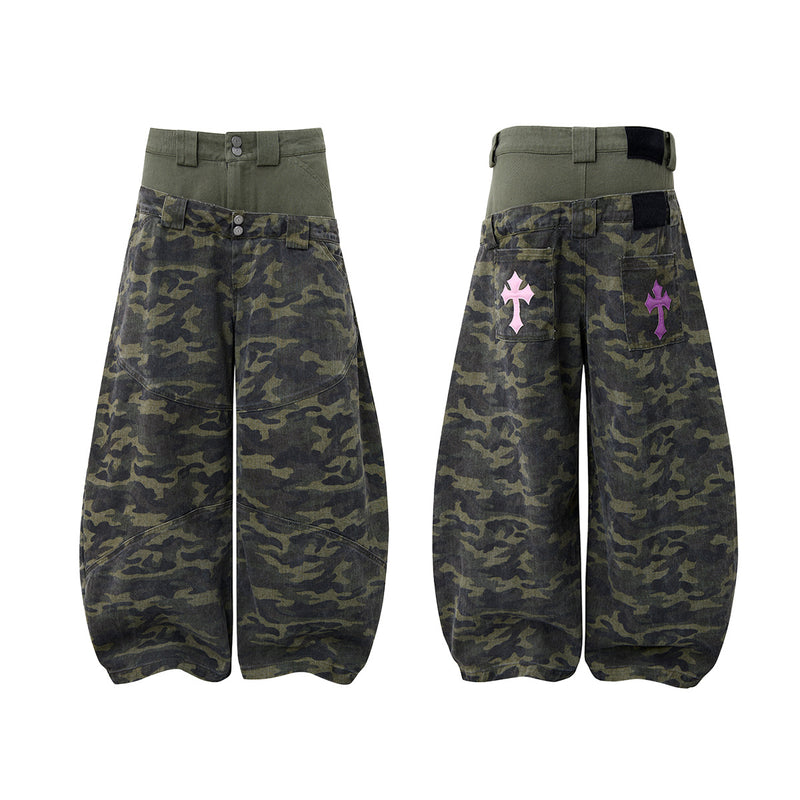 Camo Wide-Leg Balloon Pants – High-Waist Layered Faux Two-Piece with Cross Patch