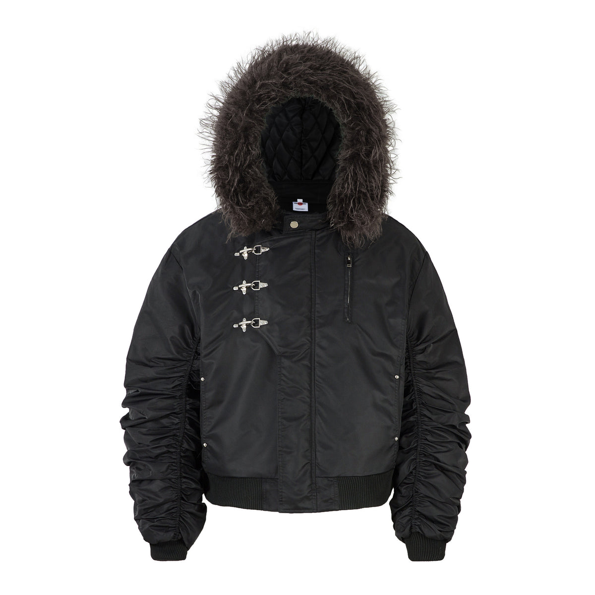 Padded Bomber Jacket with Detachable Faux Fur Hood & Ruched Sleeves in Black