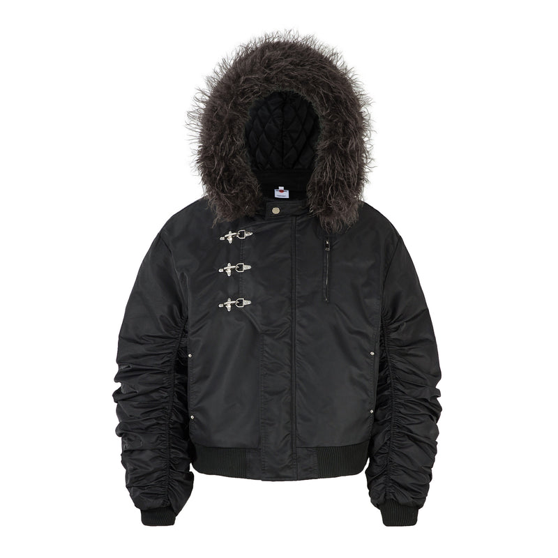 Padded Bomber Jacket with Detachable Faux Fur Hood & Ruched Sleeves in Black