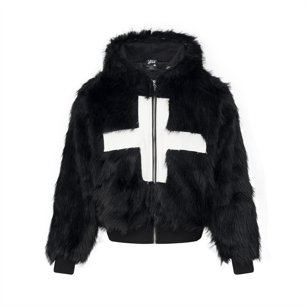 Black oversized faux fur hooded bomber jacket with white cross patch appliqué and full-length silver zip, front view