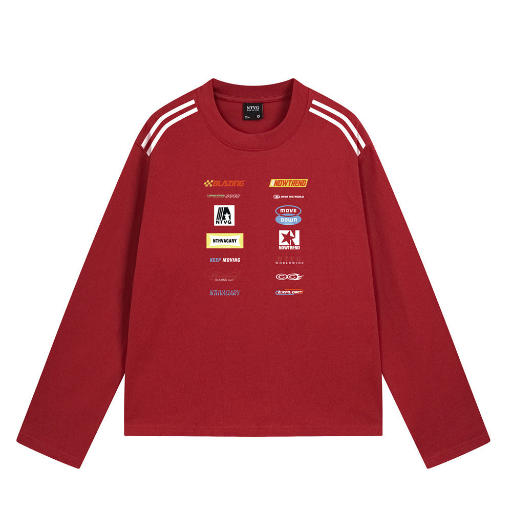 NTVG racing logo print long sleeve crewneck t-shirt in deep red with white shoulder stripes and multi-brand chest graphic