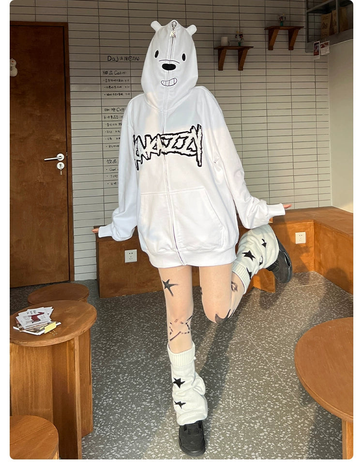 Cute White Bear Hoodie - 400GSM Polar Bear Design with Black Embroidery