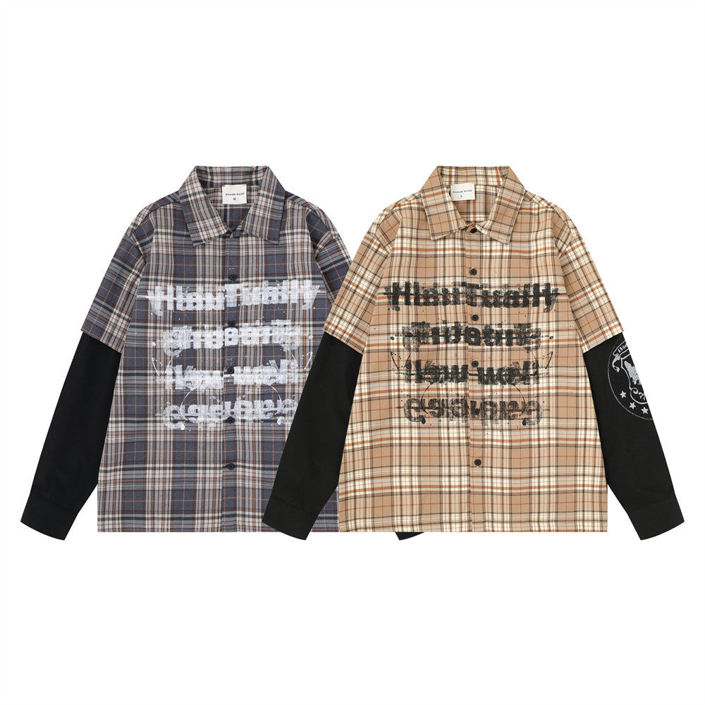 Plaid Faux Two-Piece Long Sleeve Shirt – Punk Letter Print, Relaxed Fit