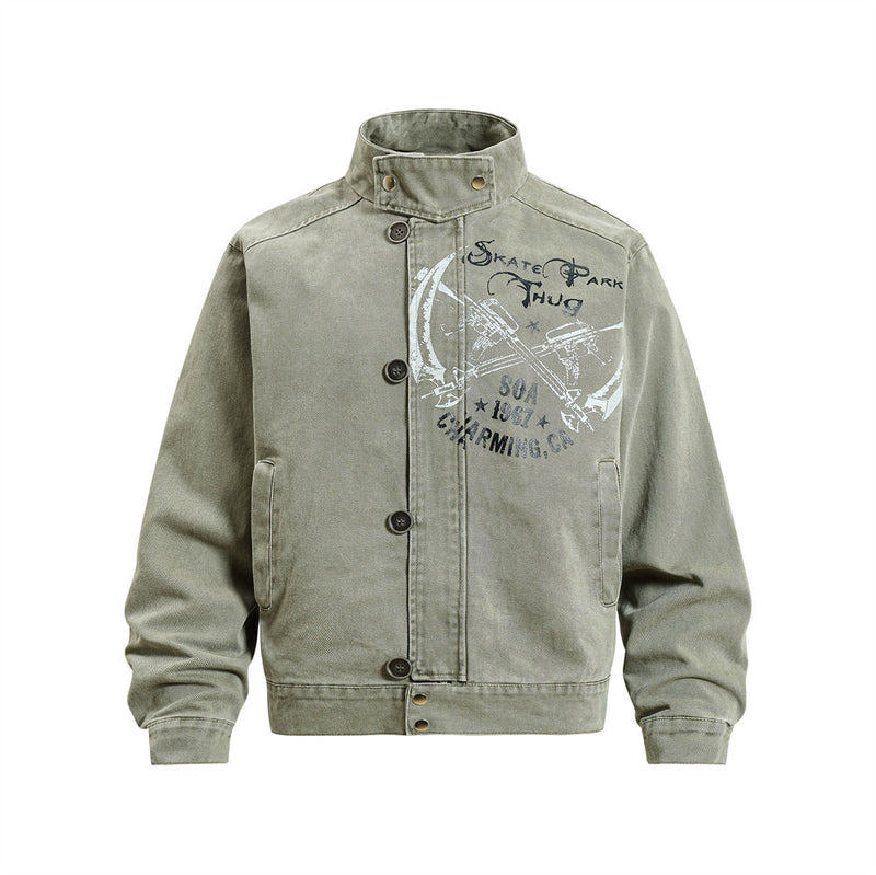 Men's Canvas Work Jacket – Vintage Punk Distressed Stand Collar with Scythe