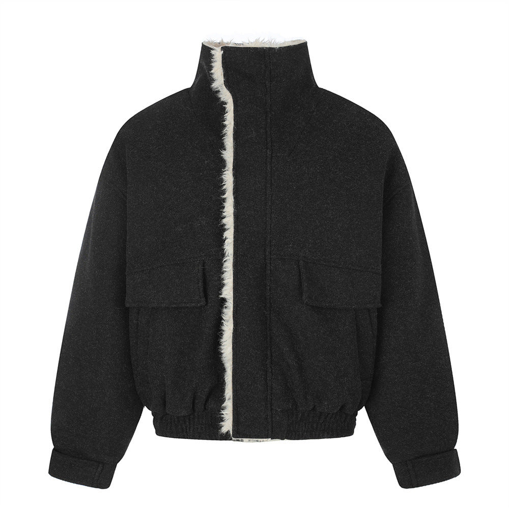 Men's Wool-Blend Sherpa-Lined Stand Collar Bomber Jacket