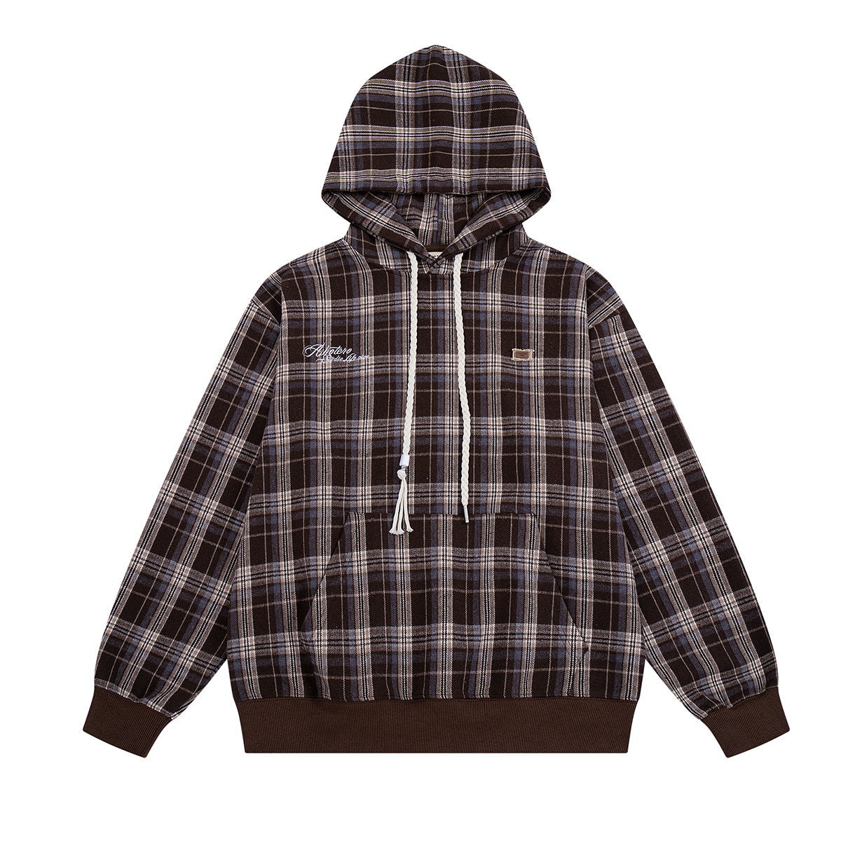 Oversized Pullover-Hoodie mit braunem Karomuster, weißer geflochtener Kordel, Kängurutasche sowie gerippten dunkelbraunen Bündchen und Saum – V