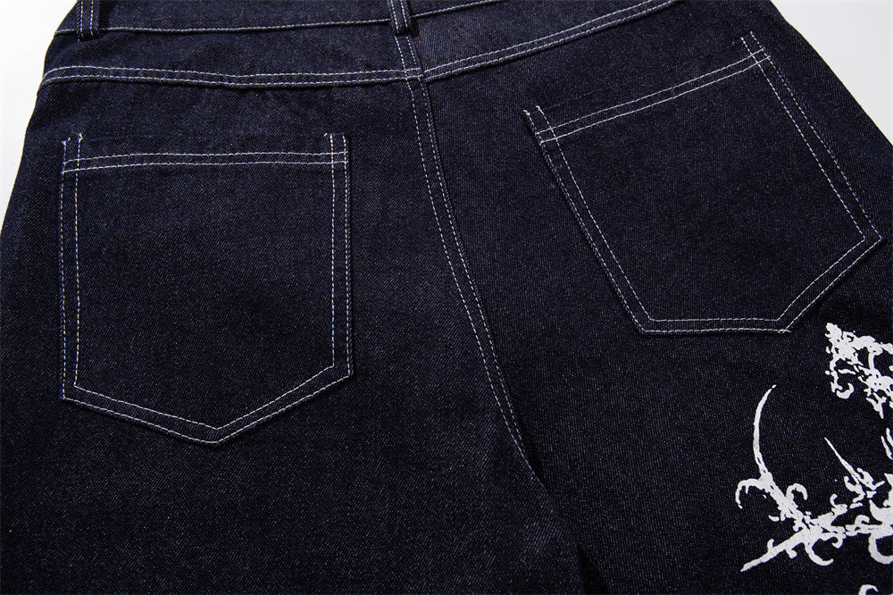 Wide-Leg Jeans with Gothic Cross & Script Embroidery, Button Fly, Dark Indigo