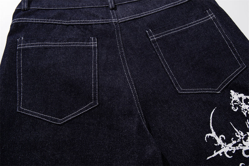 Wide-Leg Jeans with Gothic Cross & Script Embroidery, Button Fly, Dark Indigo