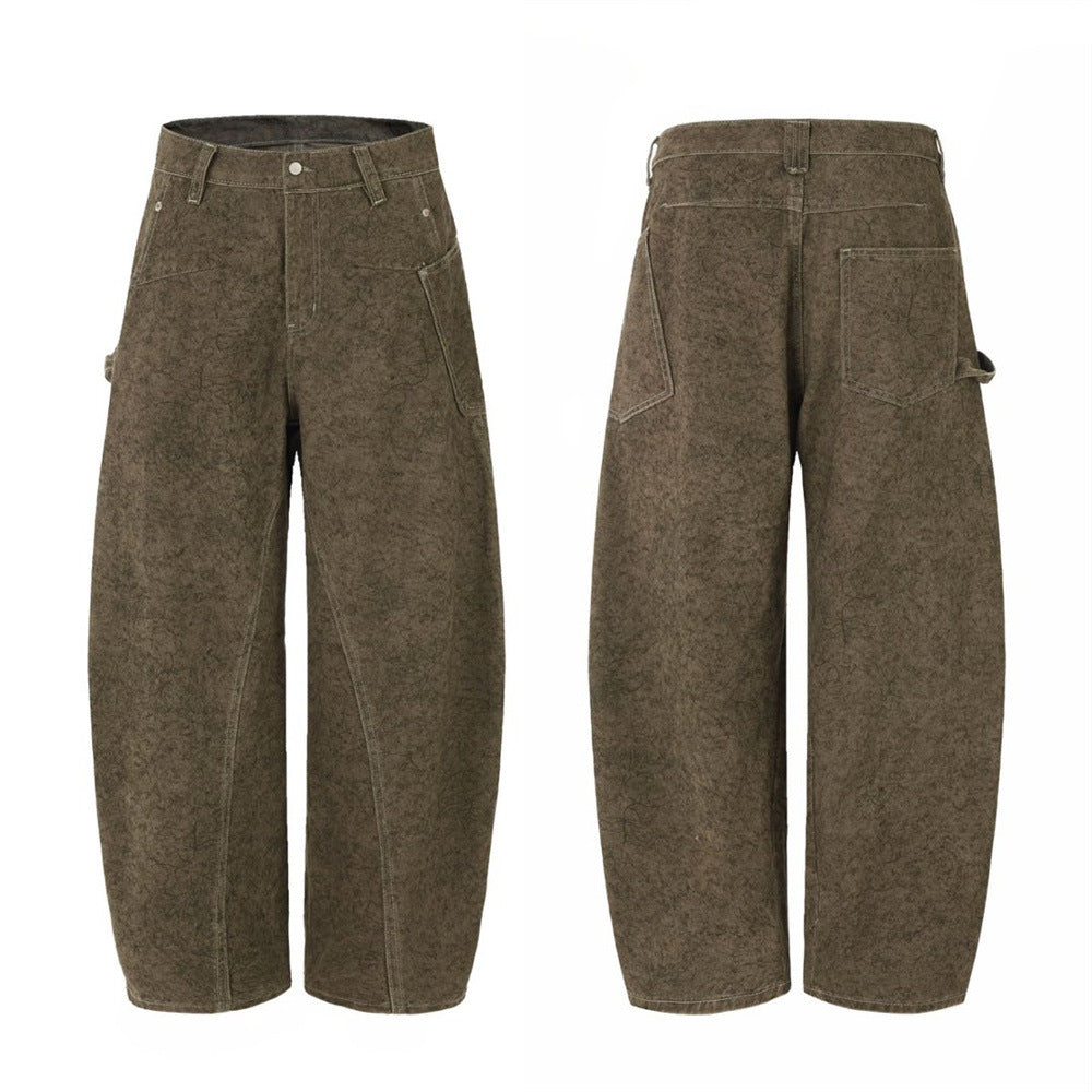 Barrel leg carpenter jeans in acid-wash khaki green denim with utility pocket and contrast stitching, front and back view
