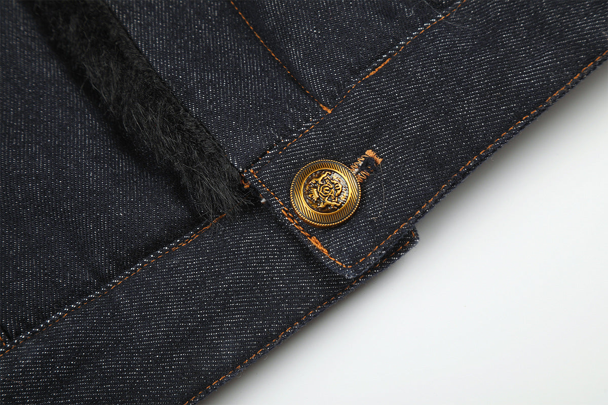 Dark Indigo Denim Jacket with Faux Fur Collar & Fleece Lining