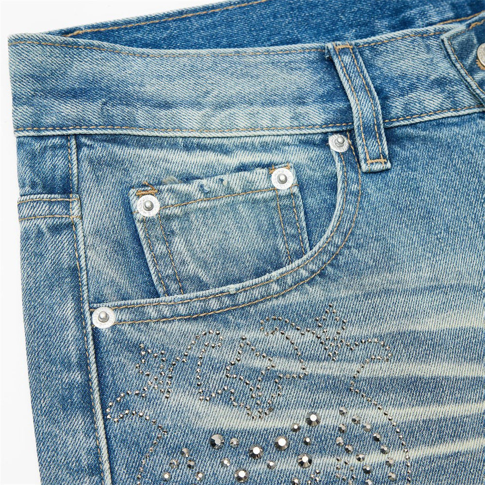 Jean vintage délavé à jambes larges pour homme avec motif cachemire en strass