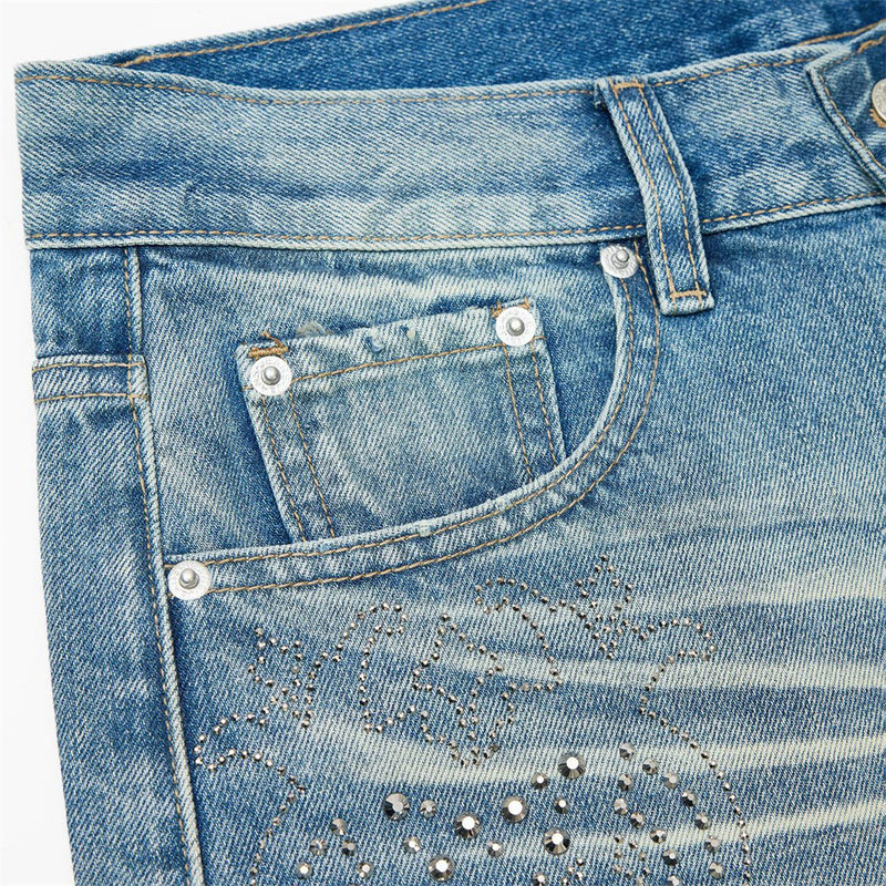 Jean vintage délavé à jambes larges pour homme avec motif cachemire en strass