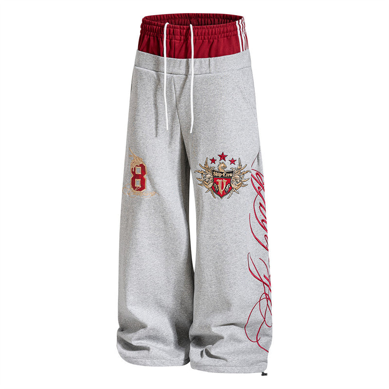 Men's Colorblock Double Waistband Wide-Leg Sweatpants with Embroidered Graphic