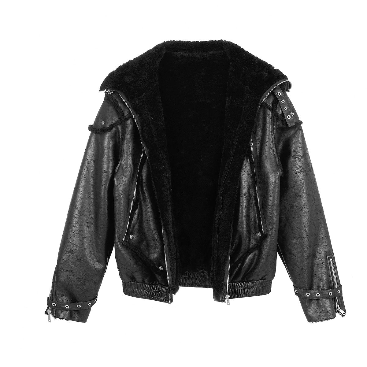 Black Faux Leather Bomber Jacket with Shearling Lining & Moto Hardware