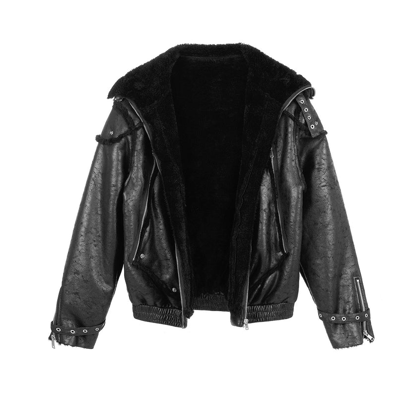 Black Faux Leather Bomber Jacket with Shearling Lining & Moto Hardware