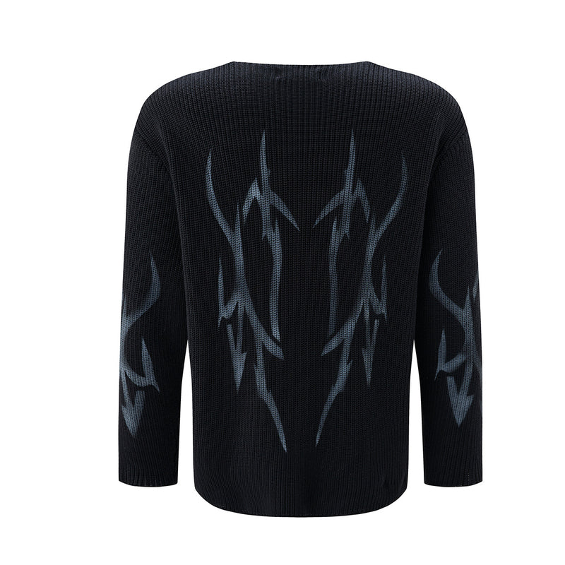 Pull jacquard en maille à col rond Tribal Flame – Streetwear noir