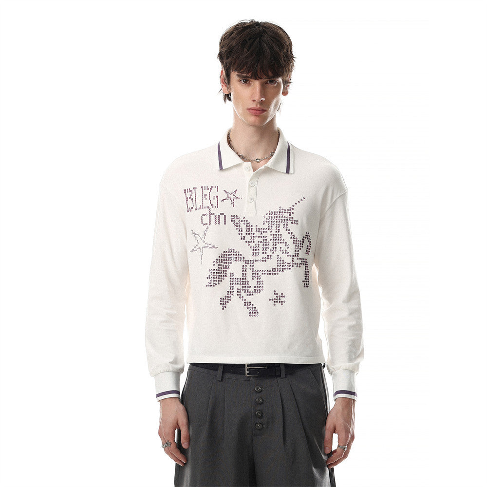 Unisex off-white long sleeve polo shirt with rhinestone-studded horse graphic and purple contrast collar and cuffs