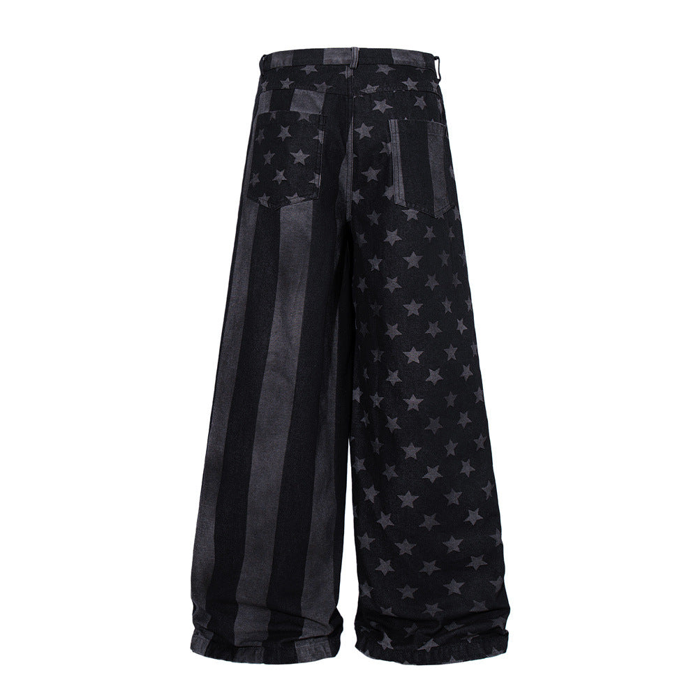 Wide-Leg Jeans with Stars & Stripes Print – Distressed Black Denim