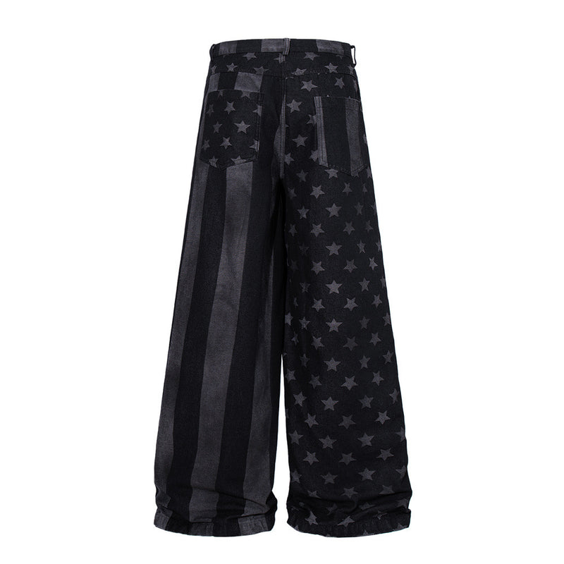 Wide-Leg Jeans with Stars & Stripes Print – Distressed Black Denim