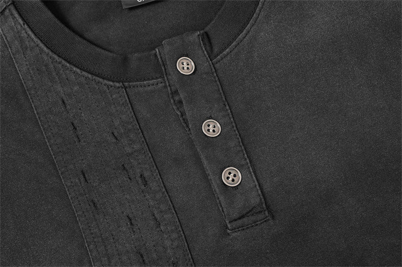 Chemise Henley manches longues patchwork à carreaux pour homme – Délavée et usée, façon