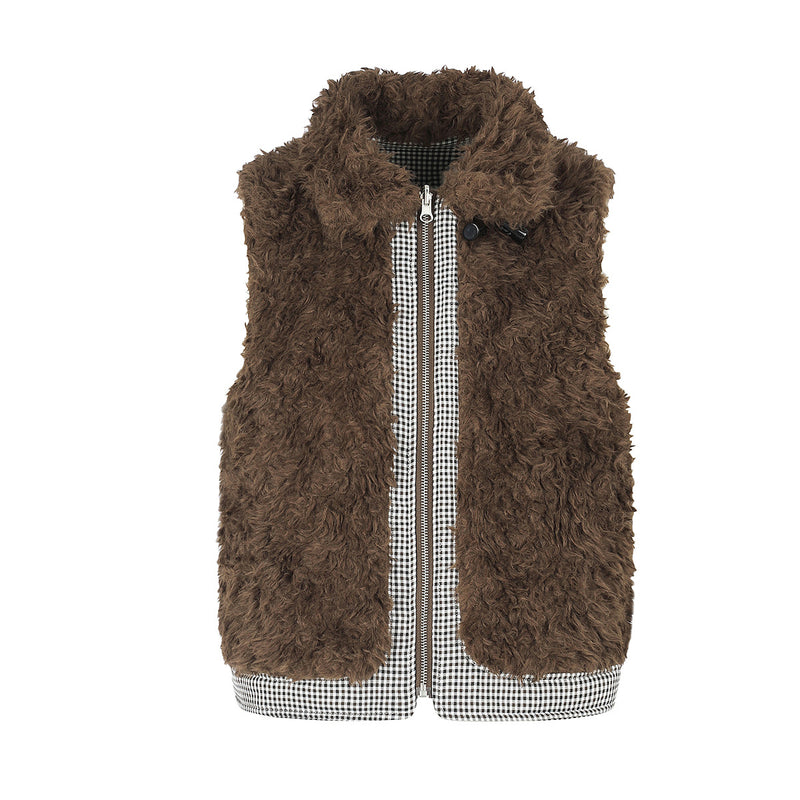 Gilet réversible en polaire teddy et tissu vichy matelassé – Gilet sans manches zippé