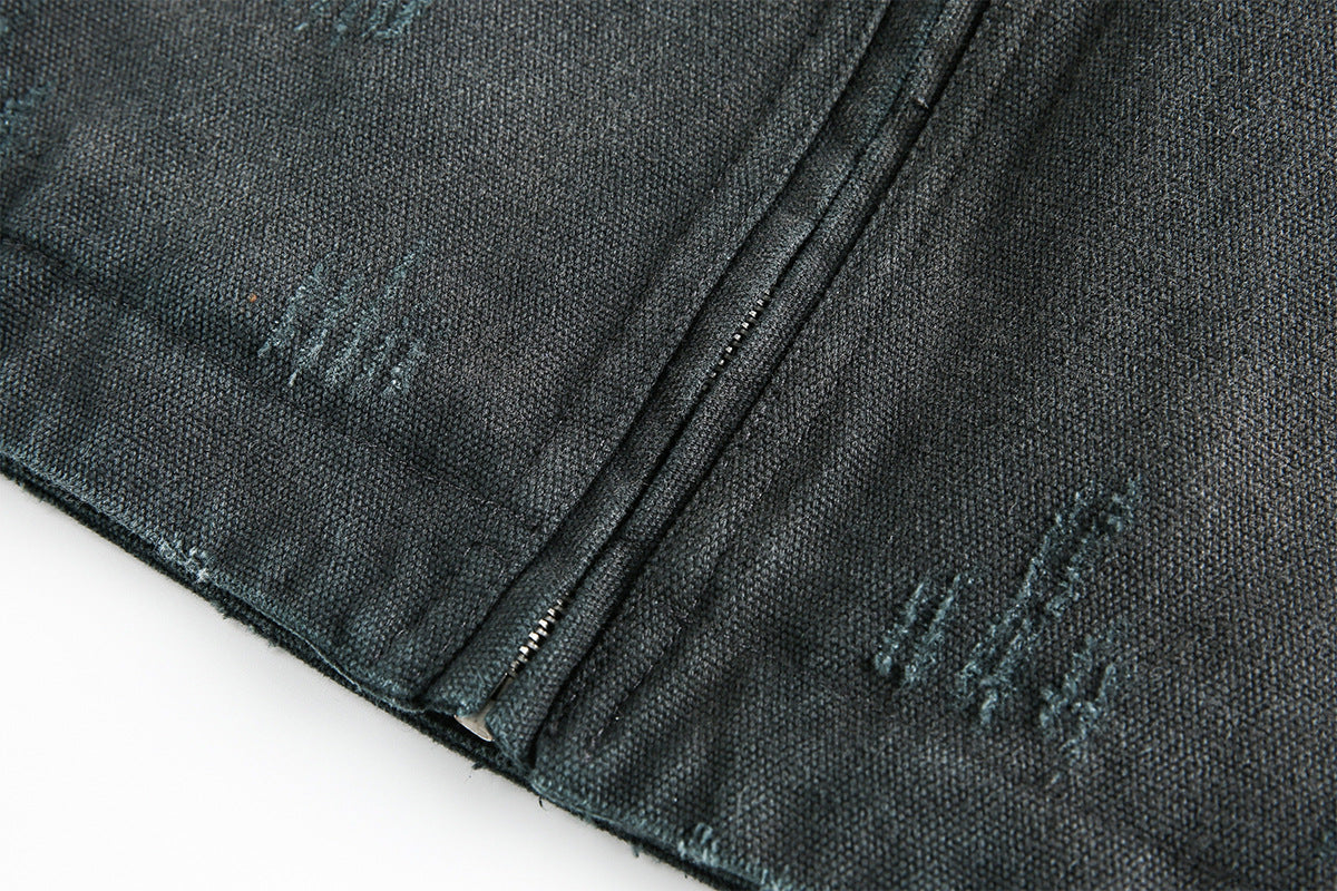 Veste workwear en toile délavée à l'acide – Imprimé graphique japonais, finition usée