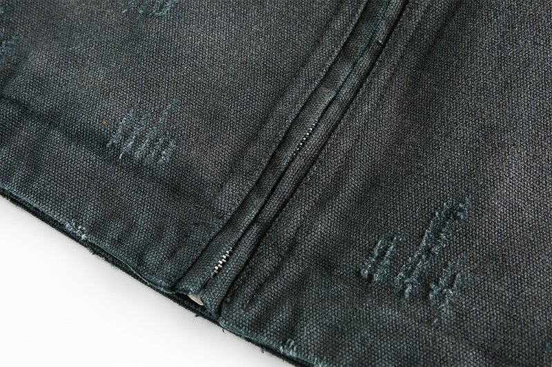 Veste workwear en toile délavée à l'acide – Imprimé graphique japonais, finition usée