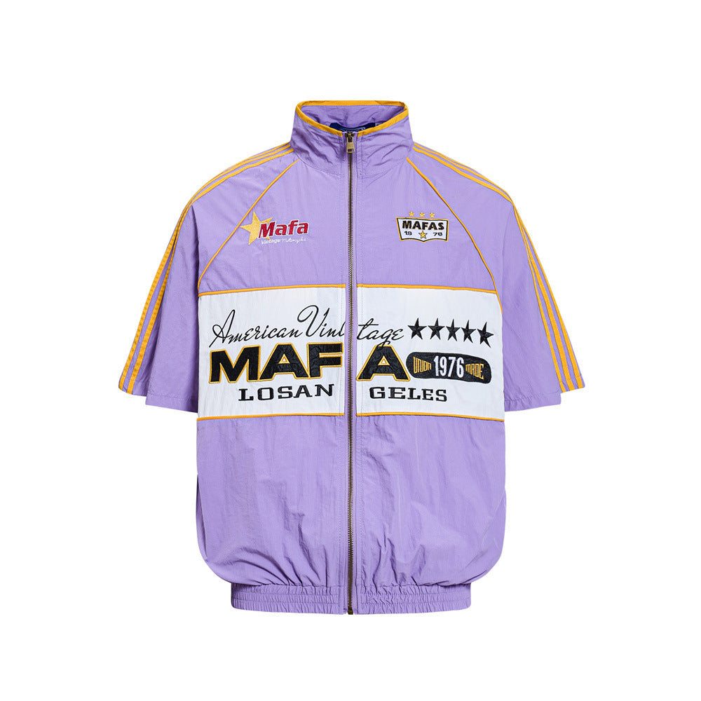Mafa American Vintage Racing zip-up short sleeve track jacket in lavender purple with gold stripe sleeves and embroidered che