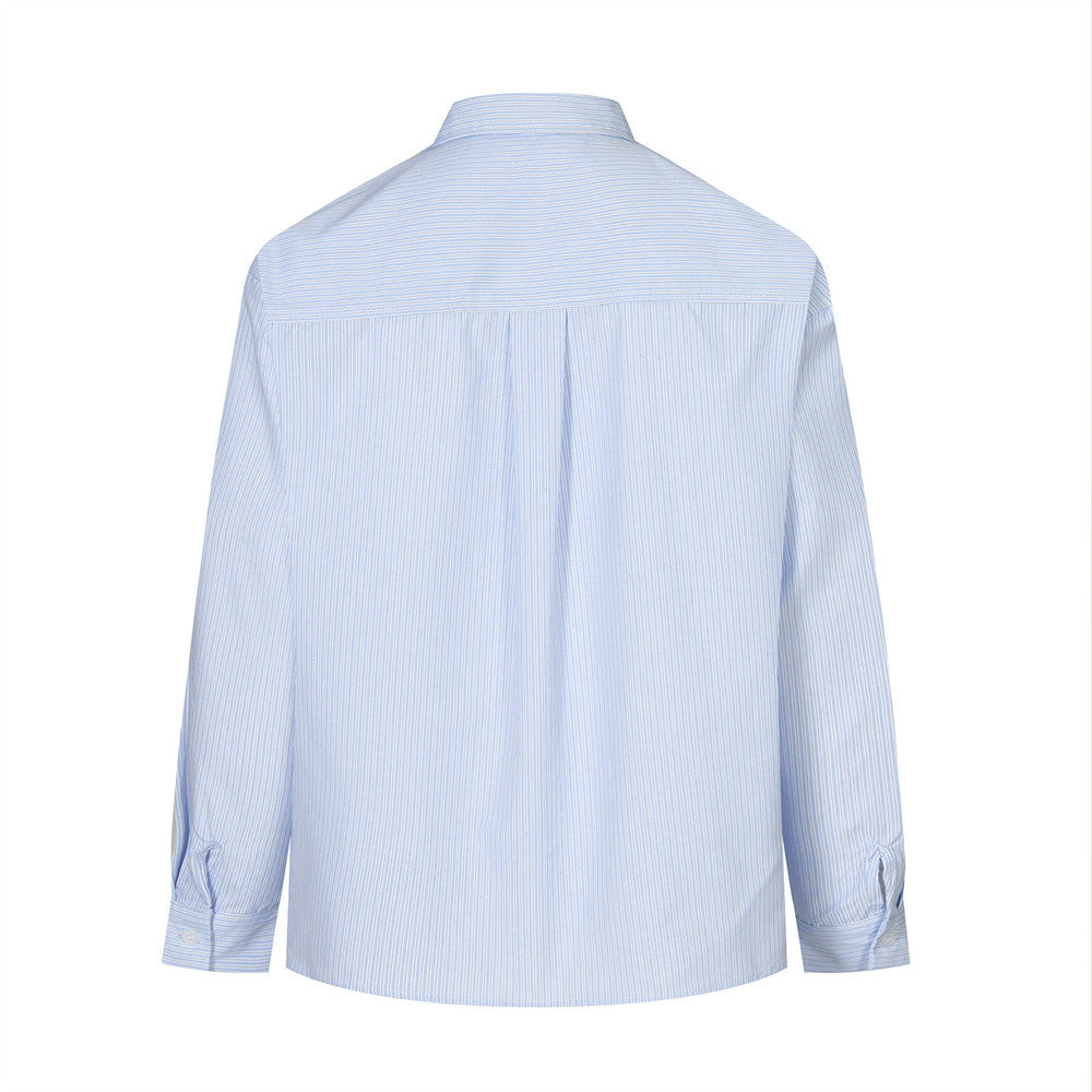 Back view of a light blue striped long sleeve button-up shirt