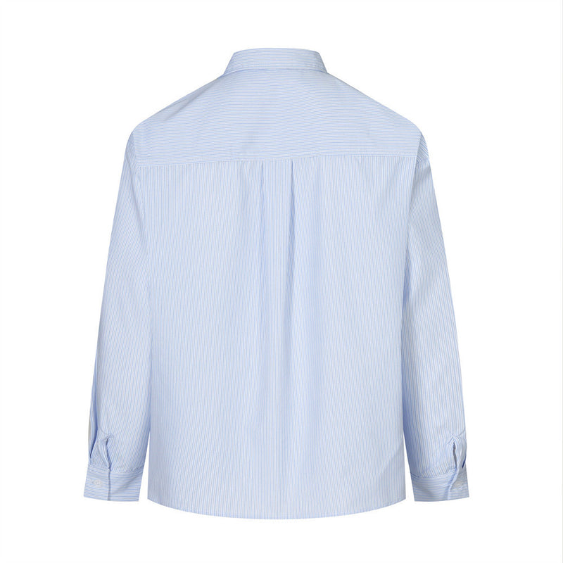 Back view of a light blue striped long sleeve button-up shirt