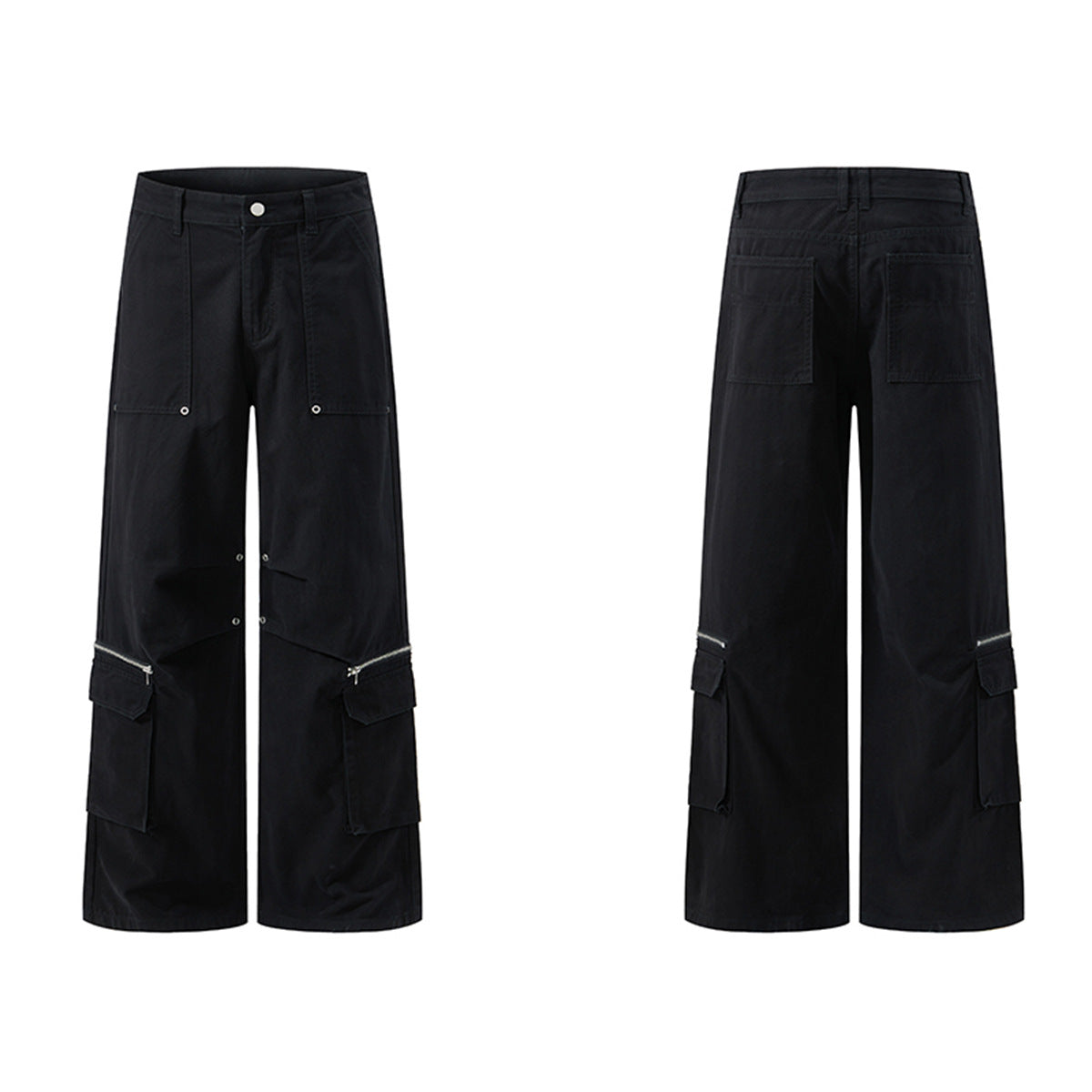 Pantalon cargo large à détails zippés et poches multiples — Noir