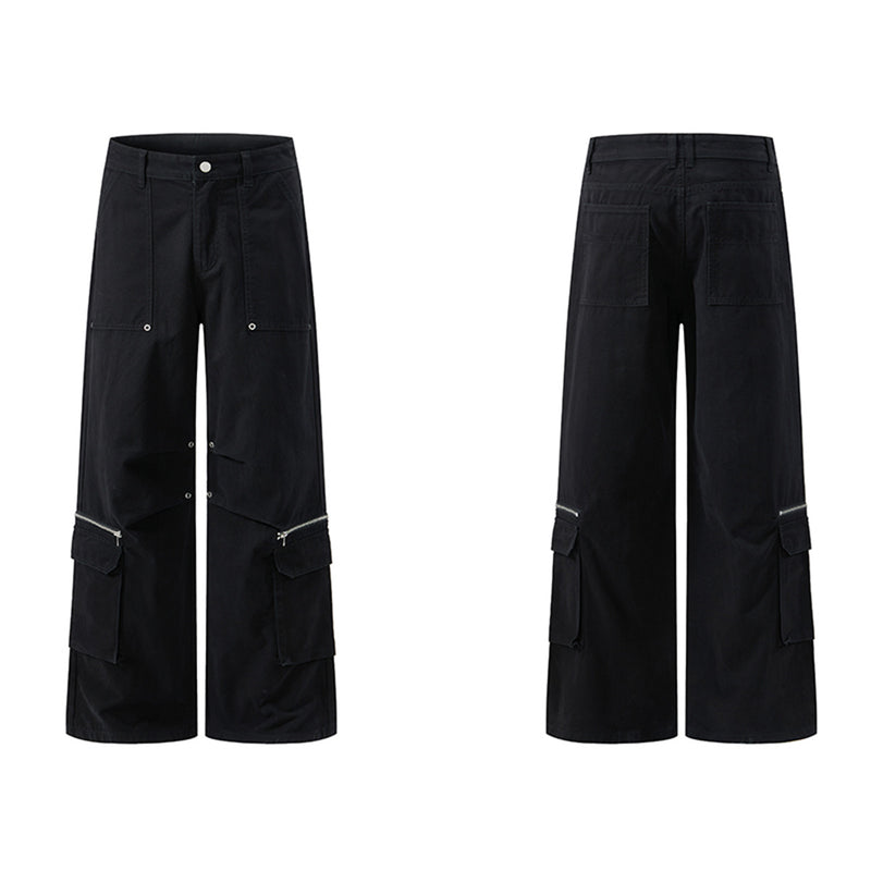 Pantalon cargo large à détails zippés et poches multiples — Noir