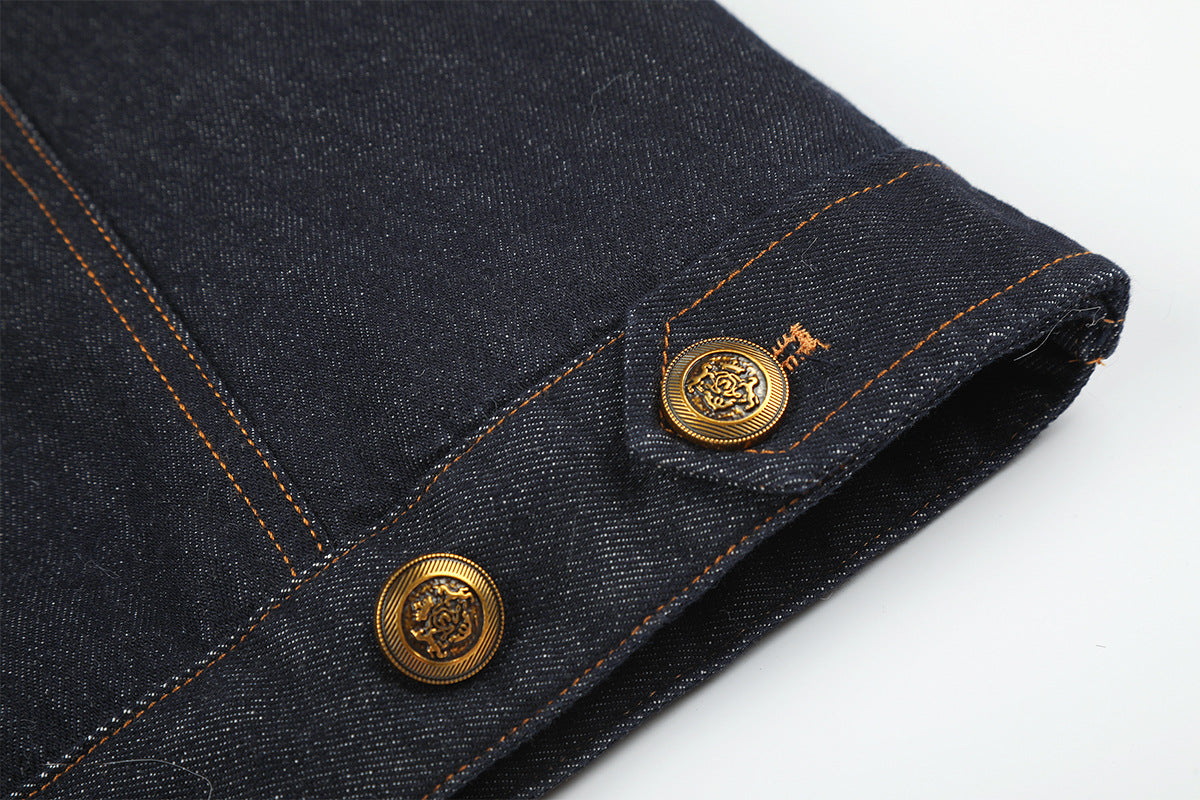 Dark Indigo Denim Jacket with Faux Fur Collar & Fleece Lining