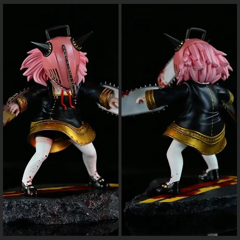 The 17.5 cm Chainsaw Man Anya Forger PVC Figure by Spy × Family features a captivating character with pink hair, horns, and red eyes in a striking black and gold outfit. She holds a blood-stained chainsaw and stands boldly on a rocky base from two dynamic angles.