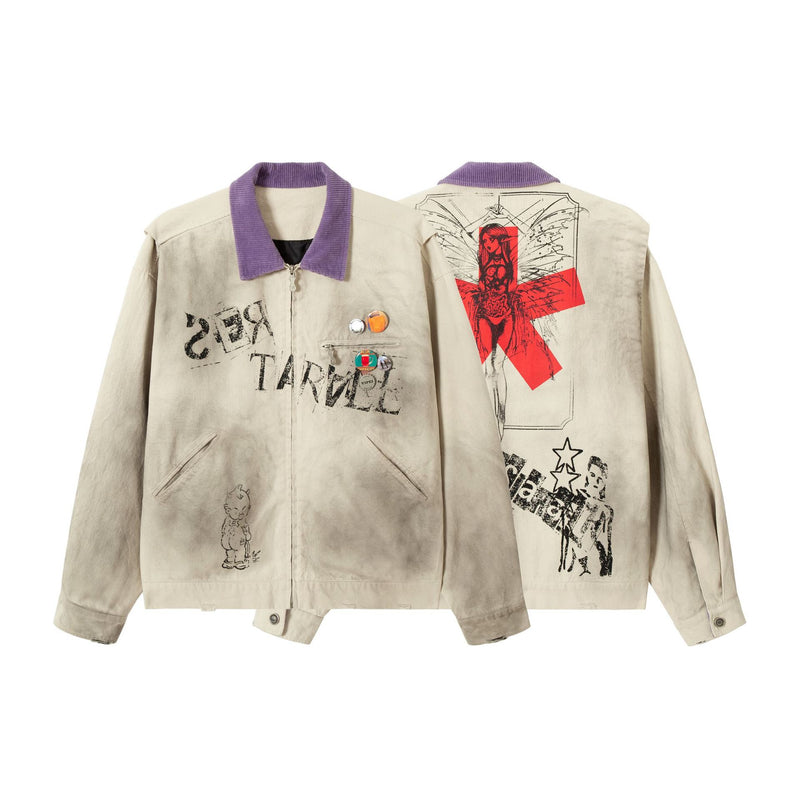 Veste zippée à imprimé graphique – Coton délavé effet usé, col violet et badge